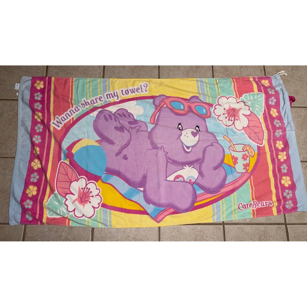 Vintage 2006 Care Bears Fold Up Beach Towel Bag Wanna Share My Towel Purple Bear